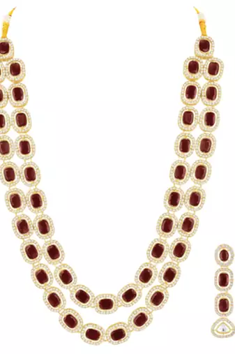 Cubic zirconia & maroon crystal studded necklace earrings maangtikka