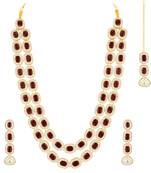 Cubic zirconia & maroon crystal studded necklace earrings maangtikka