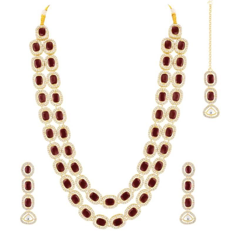 Cubic zirconia & maroon crystal studded necklace earrings maangtikka