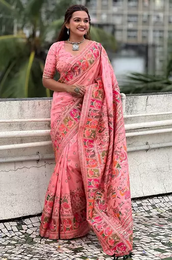 Pink woven design silk blend saree