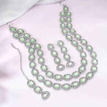 Cubic zirconia & mint crystal studded necklace earrings maangtikka 1