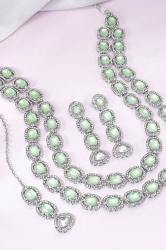 Cubic zirconia & mint crystal studded necklace earrings maangtikka