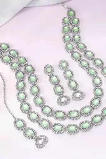 Cubic zirconia & mint crystal studded necklace earrings maangtikka