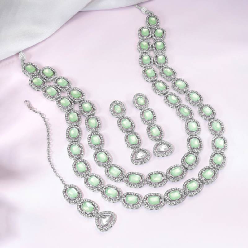 Cubic zirconia & mint crystal studded necklace earrings maangtikka