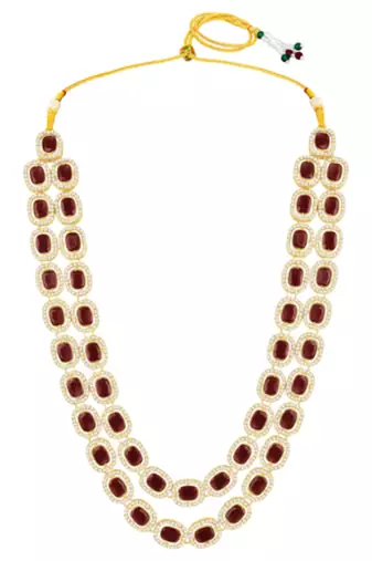 Cubic zirconia & maroon crystal studded necklace earrings maangtikka