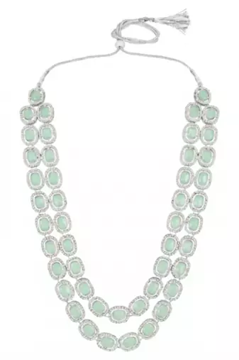 Cubic zirconia & mint crystal studded necklace earrings maangtikka