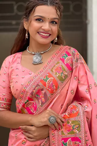 Pink woven design silk blend saree