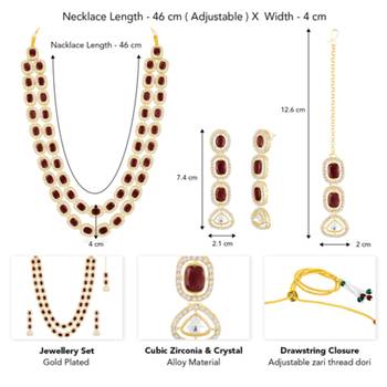 Cubic zirconia & maroon crystal studded necklace earrings maangtikka 3
