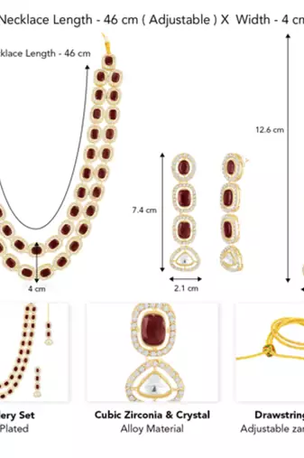 Cubic zirconia & maroon crystal studded necklace earrings maangtikka