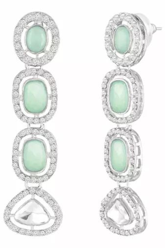 Cubic zirconia & mint crystal studded necklace earrings maangtikka