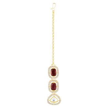 Cubic zirconia & maroon crystal studded necklace earrings maangtikka 4