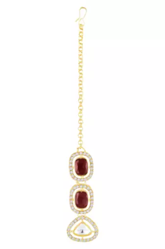 Cubic zirconia & maroon crystal studded necklace earrings maangtikka