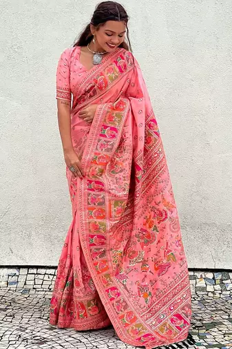 Pink woven design silk blend saree