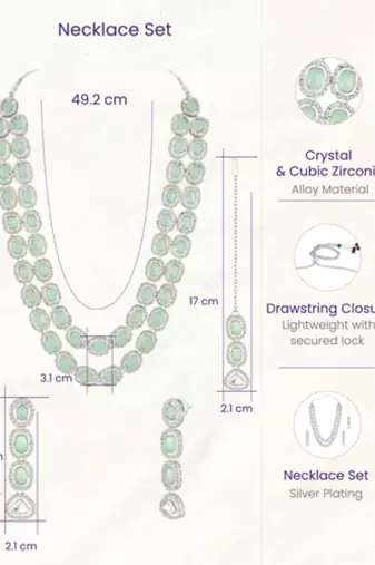 Cubic zirconia & mint crystal studded necklace earrings maangtikka