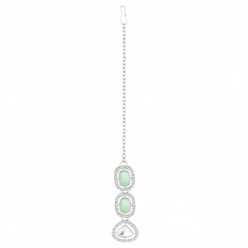 Cubic zirconia & mint crystal studded necklace earrings maangtikka 5