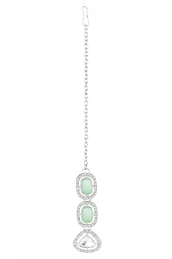 Cubic zirconia & mint crystal studded necklace earrings maangtikka