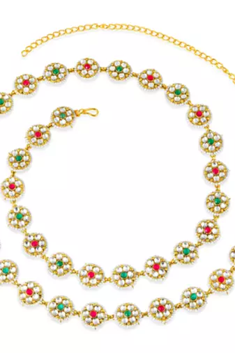 Gold plated kundan & beads studded ethnic kamarbandh belly chain jewellery for women