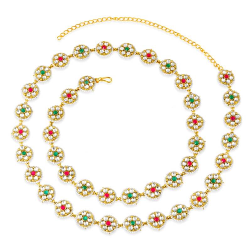 Gold plated kundan & beads studded ethnic kamarbandh belly chain jewellery for women