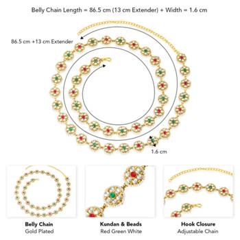 Gold plated kundan & beads studded ethnic kamarbandh belly chain jewellery for women 3