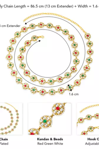 Gold plated kundan & beads studded ethnic kamarbandh belly chain jewellery for women