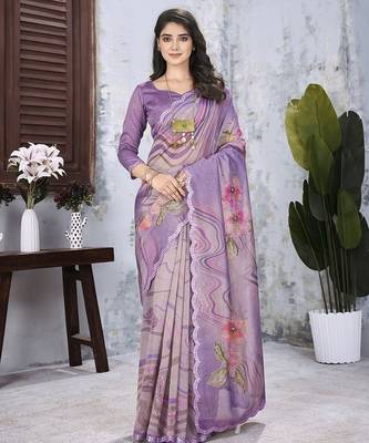 Lavender floral mirror work organza saree 2