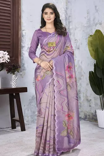 Lavender floral mirror work organza saree
