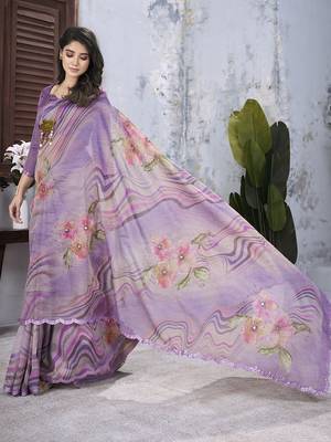 Lavender floral mirror work organza saree 3