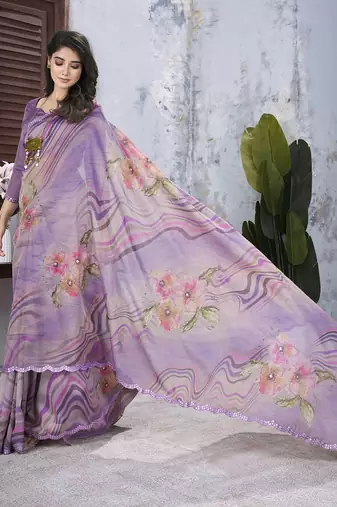 Lavender floral mirror work organza saree