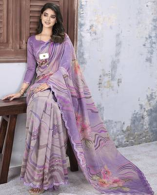 Lavender floral mirror work organza saree 5