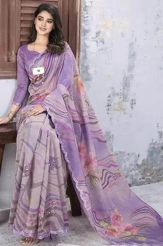 Lavender floral mirror work organza saree