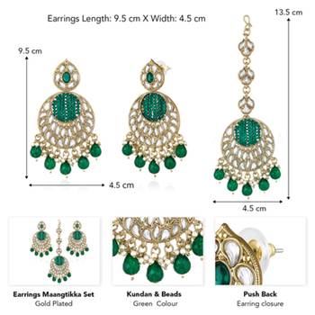 Women's kundan & beads studded green chandbali earrings with maangtikka set 4