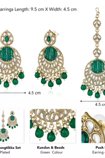 Women's kundan & beads studded green chandbali earrings with maangtikka set