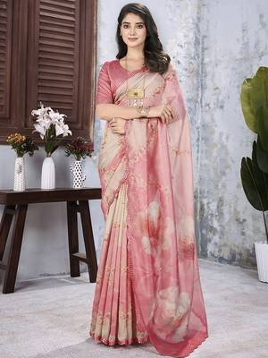 Pink floral organza saree 1