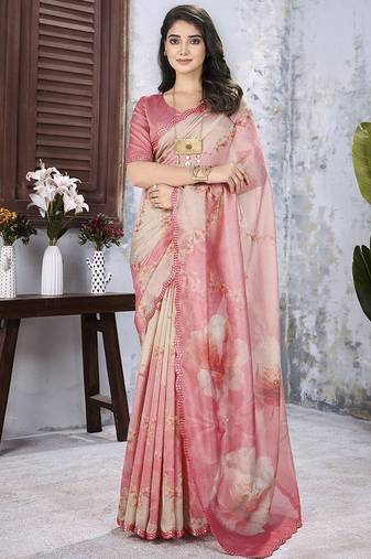 Pink floral organza saree