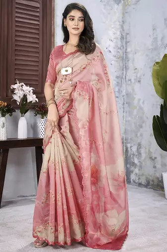 Pink floral organza saree