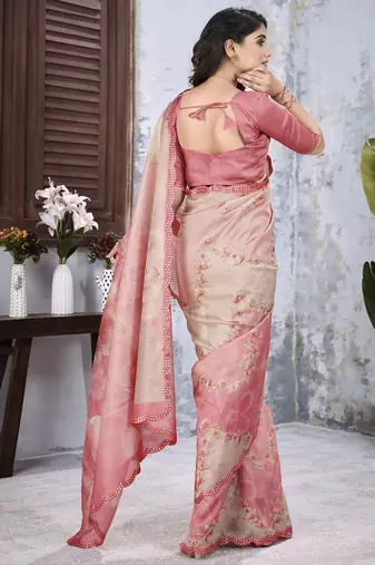 Pink floral organza saree
