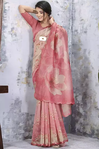 Pink floral organza saree