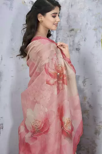Pink floral organza saree