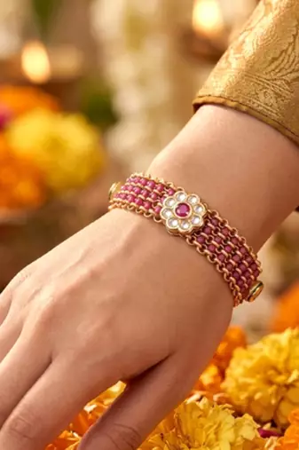 Ethnic rani pink openable bracelet for women crystal studded | festive stylish design jewellery