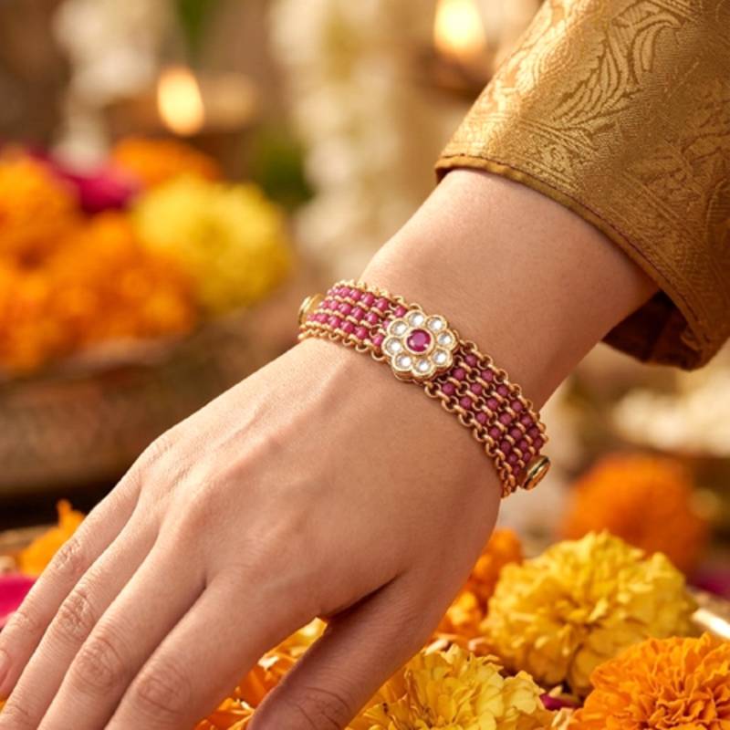 Ethnic rani pink openable bracelet for women crystal studded | festive stylish design jewellery