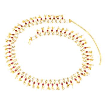 Rani pink faux ruby crystals & beads studded ethnic belly chain kamar patta kamar bandh jewelry for women 1