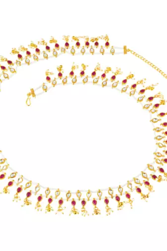 Rani pink faux ruby crystals & beads studded ethnic belly chain kamar patta kamar bandh jewelry for women