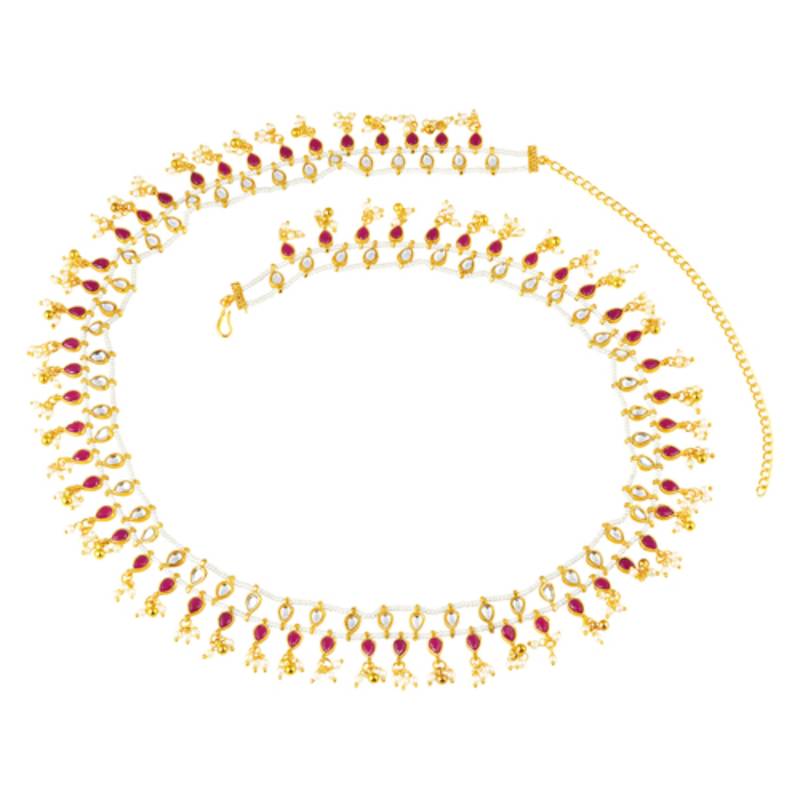 Rani pink faux ruby crystals & beads studded ethnic belly chain kamar patta kamar bandh jewelry for women