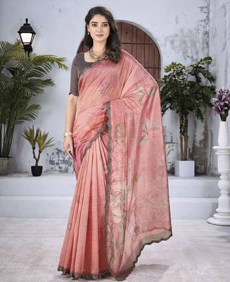 Peach floral organza saree 1