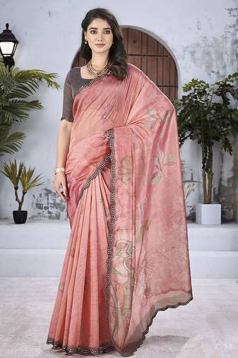 Peach floral organza saree