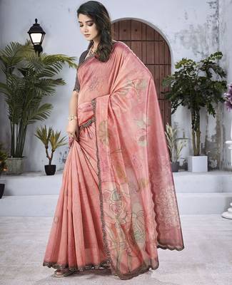 Peach floral organza saree 2