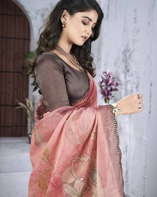 Peach floral organza saree 5
