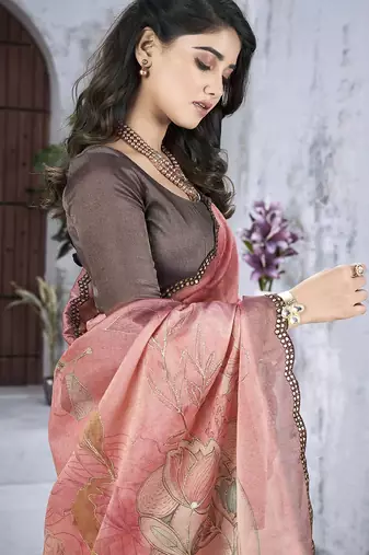 Peach floral organza saree