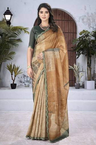 Rust floral embroidered organza saree