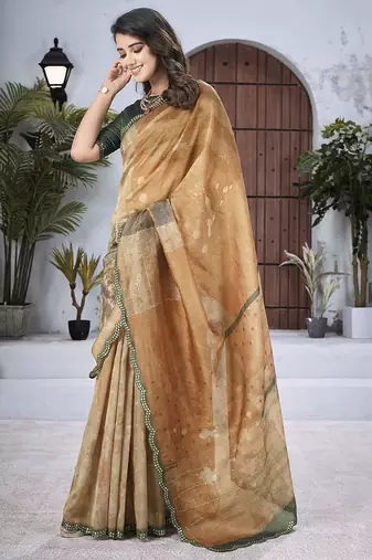 Rust floral embroidered organza saree